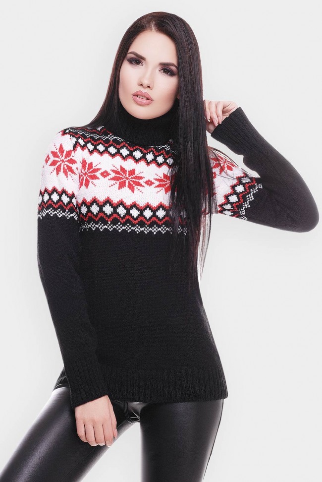 Черный свитер с красными снежинками SVB0001