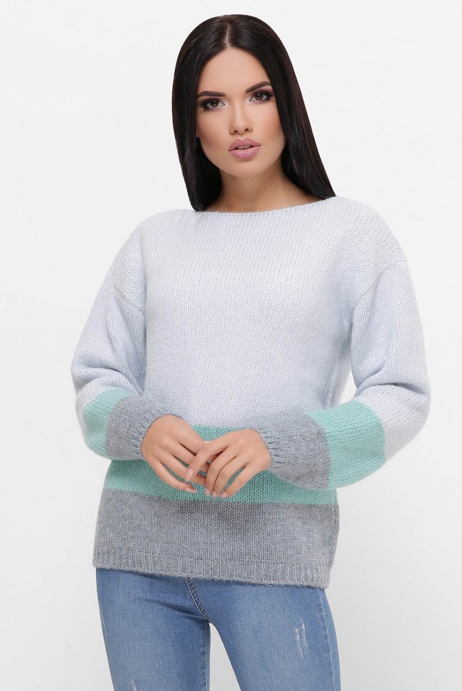 Трехцветный свитер, голубой-ментол-серый  SVE0003