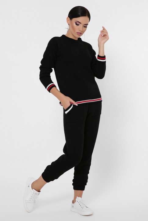 Женский вязаный костюм с цветными манжетами, черный KSE0007