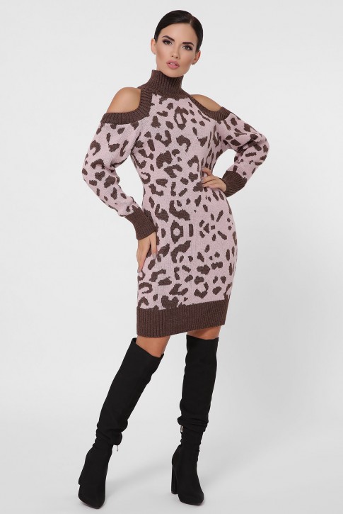 Вязаное платье с леопардовым принтом на розовом VPA0002