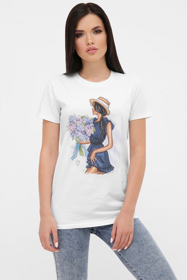 Летняя женская футболка, принт девушка с букетом. FB-1002