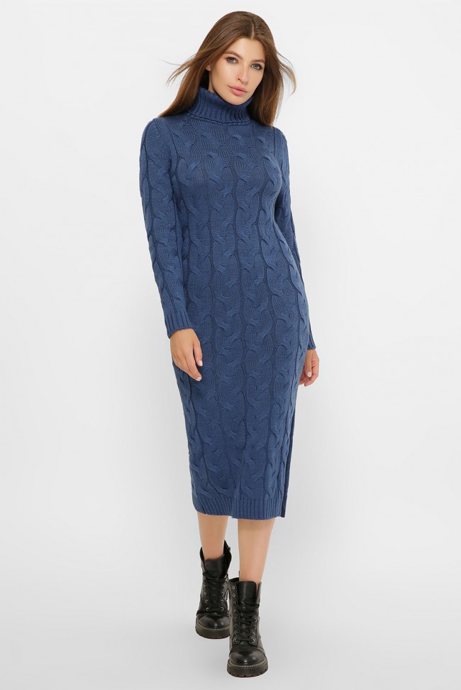 Вязаное длинное платье под горло, синий джинс VPC0004