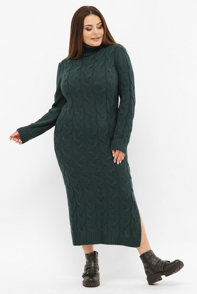 Платье длинное вязаное батал под горло, темно-зеленое VPCB011