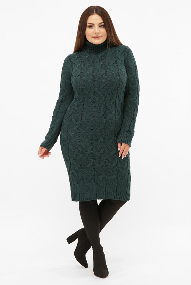 Платье короткое вязаное батал под горло, темно-зеленое VPBB011