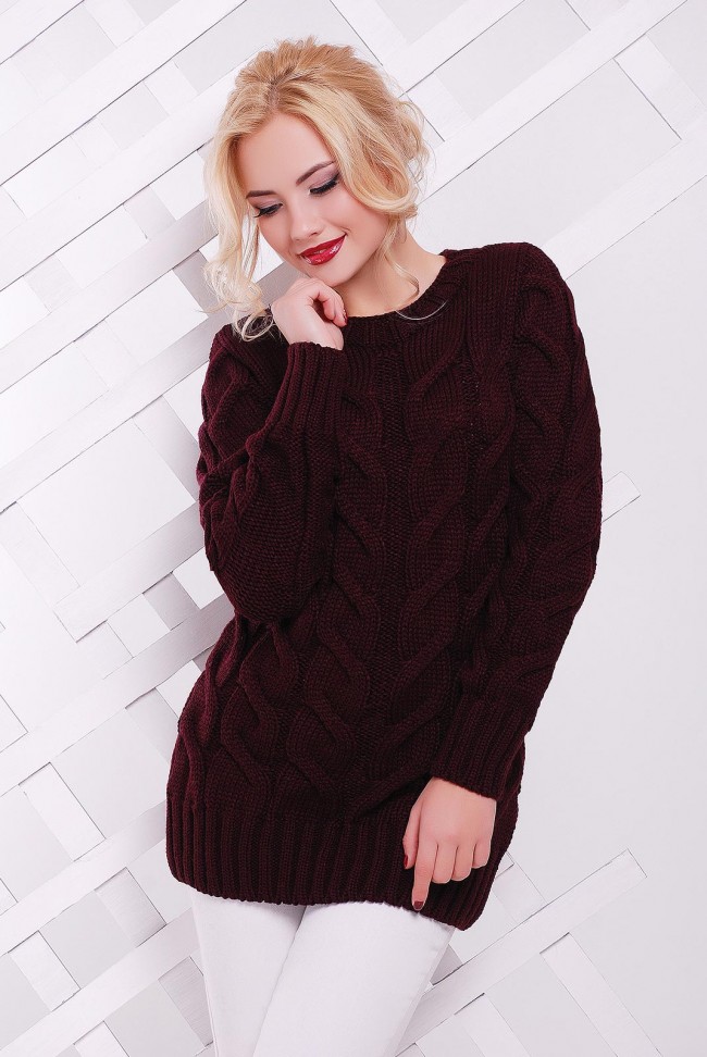 Женский удлиненный свитер с косами, марсала SVV0028