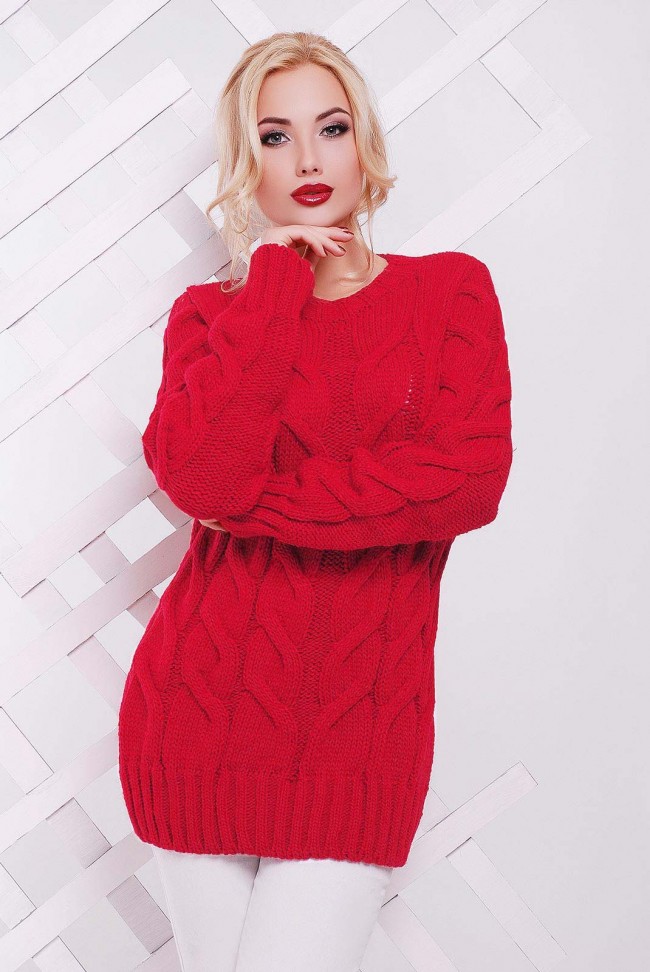 Женский удлиненный свитер с косами, красный SVV0029