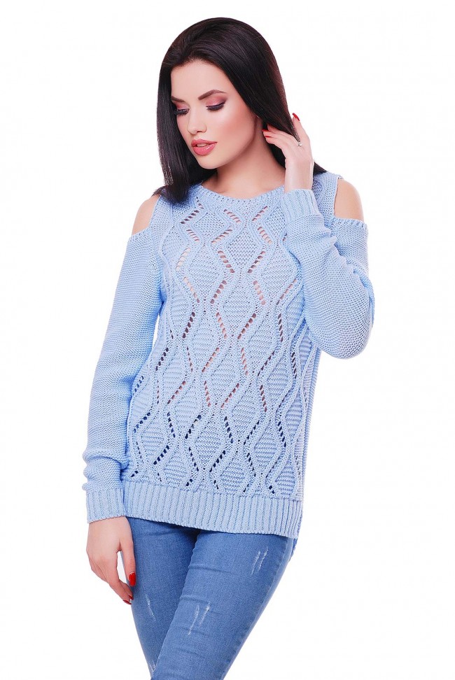 Ажурный свитер с открытыми плечами, голубой SVL0006
