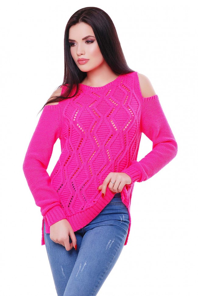 Ажурный свитер с открытыми плечами, ярко-розовый SVL0008