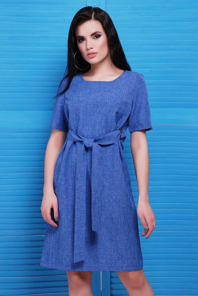 Синее платья из льна с ремнем - "Silvia" PL-1482A