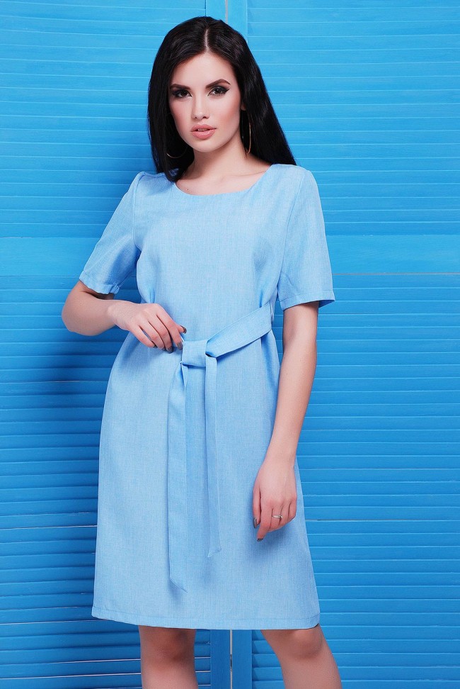 Модное повседневное платье из голубого льна 