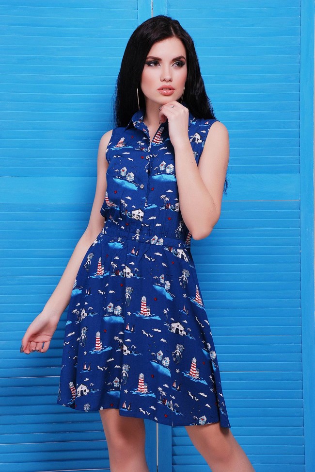 Синее платье на пуговицах с рубашечным воротником