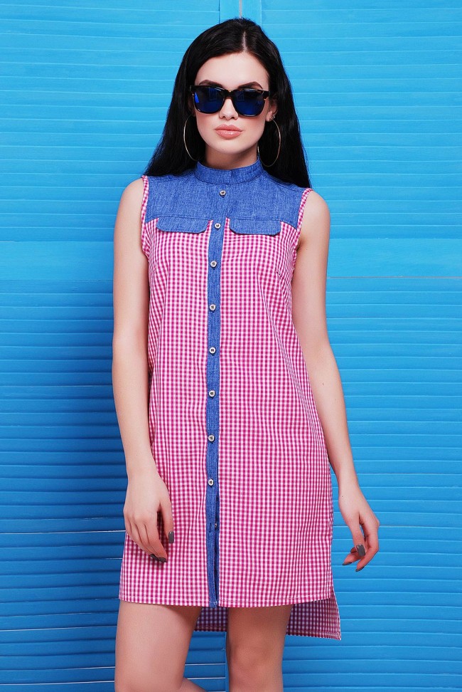 Платье-рубашка "Katryn" со стойкой в розовую клетку - PL-1476C