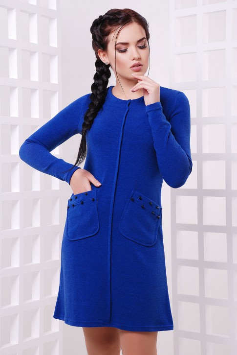 Платье с жемчужинами на карманах, синий электрик PL-1563C