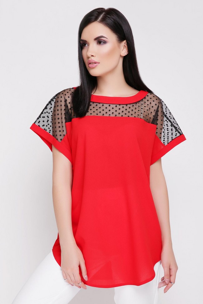 Красная шифоновая блузка с сеткой
