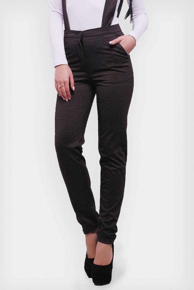 Утепленные женские брюки с широкими подтяжками. Цвет: коричневый