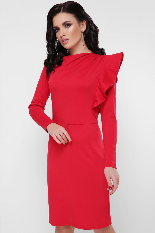 Платье с пышной рюшей на плече, красное PL-1668C
