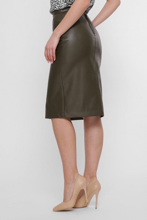 Кожаная оливковая юбка миди YUB-1050B (фото 2)