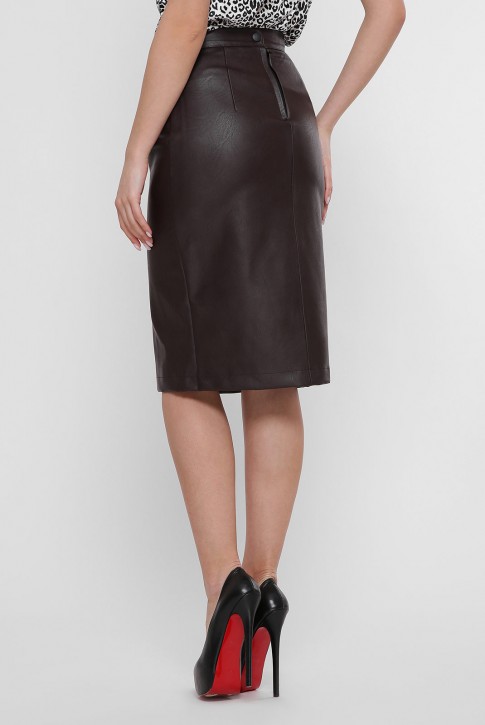 Прямая кожаная юбка цвета темный шоколад YUB-1050D (фото 2)
