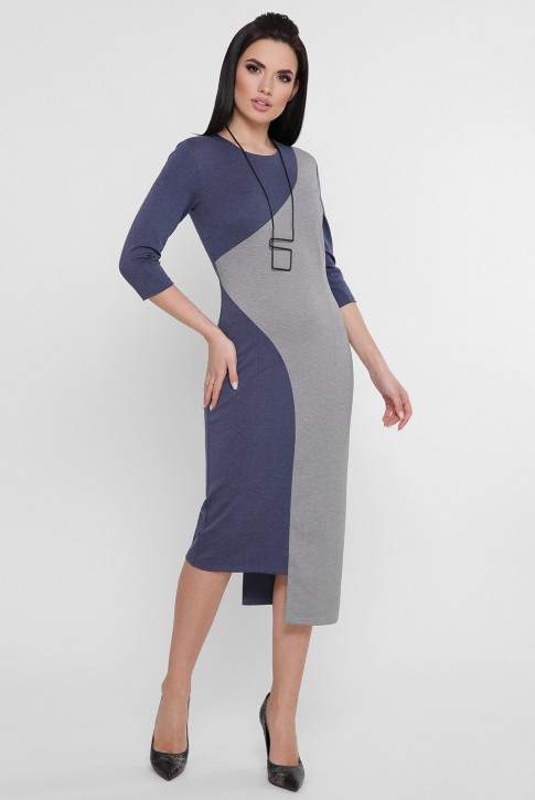 Комбинированное платье с ассиметричным низом джинсового цвета. PL-1753A