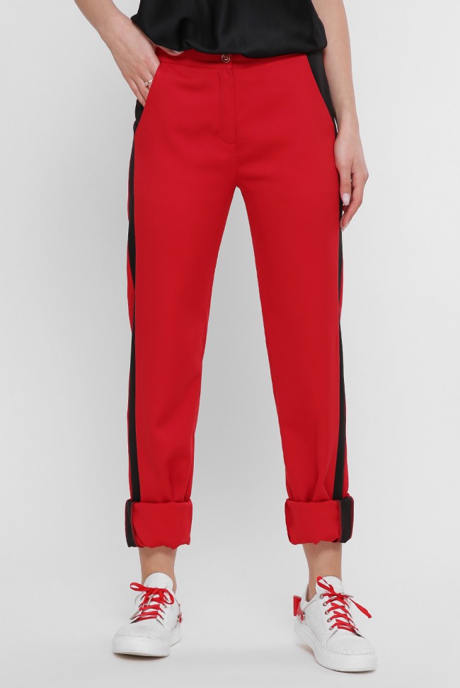Красные женские брюки с черными лампасами. SHT-1759B